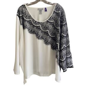 CATHERINES 3XWP 28 / 28WP White Top Black Lace Accent Pullover Petite 3X
